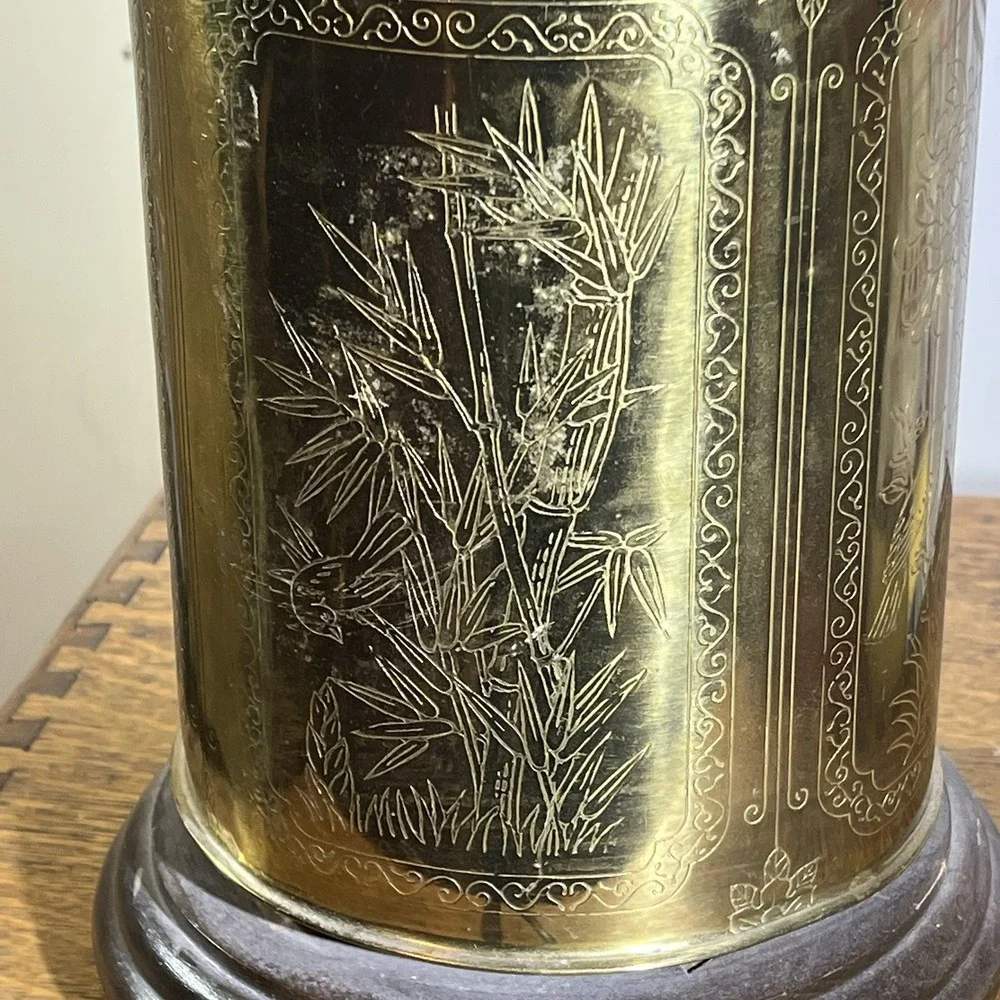 Vintage Ornate Brass Table Lamp- Asian Floral Engraving- Decorative Collectable